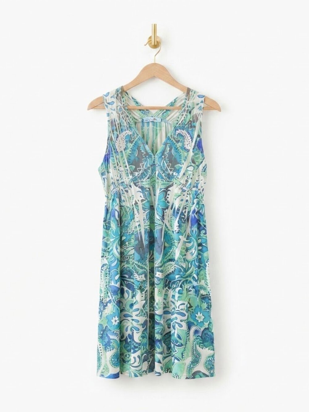 Paisley V-Neck Dress Medium Blue Green Bohemian Coastal Resortwear Boho Festival